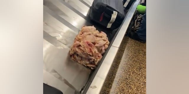 La página de Instagram de la TSA publicó un video de Seattle, Washington, que muestra una pila de trozos de pollo crudo montados en un maletero.