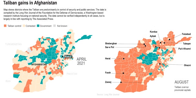 Map shows areas controlled by Taliban.