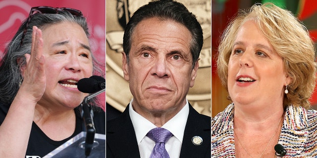 Tina Tchen speaks at a demonstration calling for Care Work to be recognized as Climate Work on July 13, 2021 in Washington, D.C., (left). New York Governor Andrew Cuomo speaks to the media at a news conference in Manhattan on May 05, 2021 in New York City (center). Robbie Kaplan speaks onstage at the Fortune Most Powerful Women Summit 2018 at Ritz Carlton Hotel on October 2, 2018 in Laguna Niguel, California, (right).