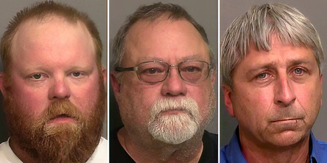 This combo of booking photos provided by the Glynn County, Ga., Detention Center, shows from left, Travis McMichael, his father Gregory McMichael, and William "Roddie" Bryan Jr. (Glynn County Detention Center via AP)