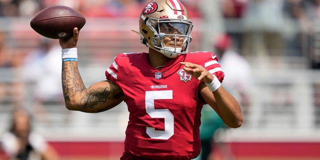 San Francisco 49ers quarterback Trey Lance passes against the Las Vegas Raiders during the first half of an NFL preseason football game in Santa Clara, Calif., Sunday, Aug. 29, 2021.