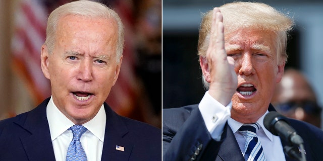 President Joe Biden speaks about the end of the war in Afghanistan from the State Dining Room of the White House, Tuesday, Aug. 31, 2021, in Washington. (AP Photo/Evan Vucci) ____ Former U.S. President Donald Trump speaks to media at his golf club in Bedminster, New Jersey, U.S., July 7, 2021. REUTERS/Eduardo Munoz