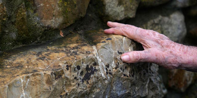 A 97 year old retired American soldier Martin Adler touches a rock where he was sitting with Giulio, Mafalda, and Giuliana Naldi to take picture after saving them during WWII, in Monterenzio, near Bologna, Italy, Monday, Aug. 23, 2021. For more than seven decades, Martin Adler treasured a back-and-white photo of himself as a young soldier with a broad smile with three impeccably dressed Italian children he is credited with saving as the Nazis retreated northward in 1944. The 97-year-old World War II veteran met the three siblings -- now octogenarians themselves -- in person for the first time on Monday, eight months after a video reunion. 