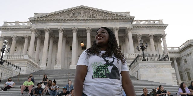 Rep. Cori Bush, D-Mo., a long with supporters camps outside the U.S. Capitol, in Washington, Monday, Aug. 2, 2021.
