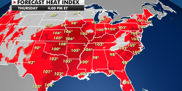 Forecast heat index temperatures for Thursday, August 12.