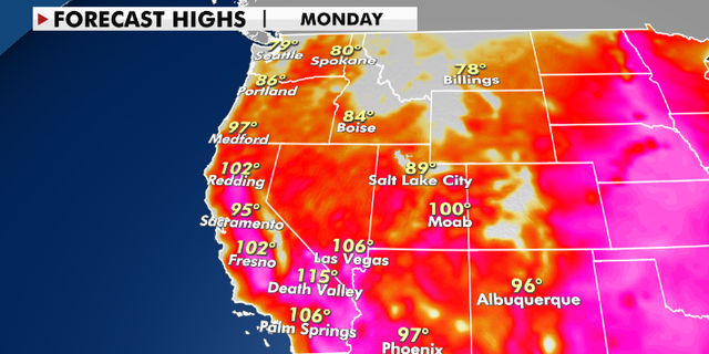 Forecast high temperatures for Monday, Aug. 9.