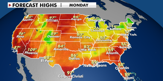 Forecast high temperatures for Monday, Aug. 2. (Fox News)