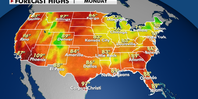 Forecast high temperatures for Monday, Aug. 2. (Fox News)