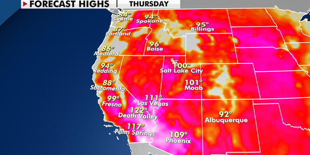 Forecast high temperatures for Thursday. (Fox News)