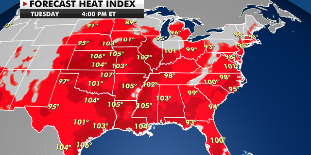 The heat index forecast for Tuesday.
