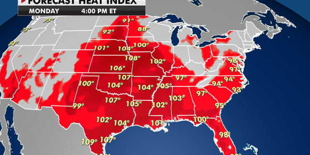 Forecast heat index temperatures across the U.S.