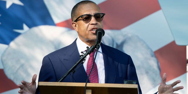 In this July 6, 2021 photo, retired Detroit Police Chief James Craig speaks at the Jackson County Republican Committee "Under the Oaks" birthday celebration in Jackson, Mich.