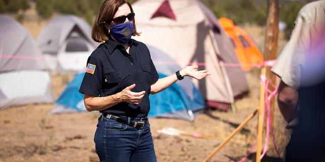 Oregon Gov. Kate Brown visits the Bly Fire Camp on the southern edge of the Bootleg Fire in Klamath County, Oregon, Wednesday, June 28, 2021. 