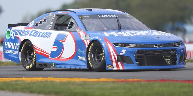 Kyle Larson drives through the Bus Stop during a NASCAR Cup Series auto race in Watkins Glen, N.Y., on Sunday, Aug. 8, 2021. (AP Photo/Joshua Bessex)