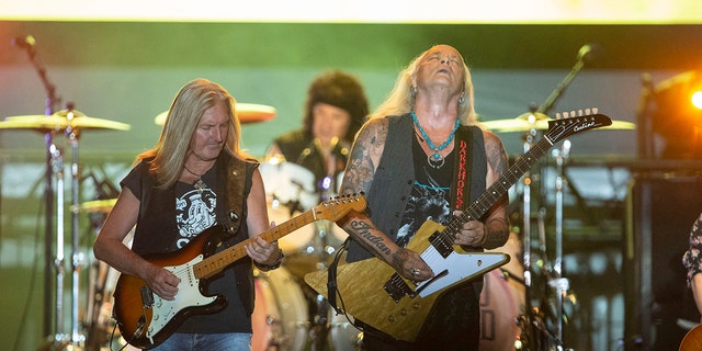 Mark Matejka (L) and Rickey Medlocke of Lynyrd Skynyrd will perform on 04 June 2021 in Panama City Beach, Florida.  (Photo by Michael Chang / Getty Images)
