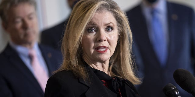 Senator Marsha Blackburn, a Republican from Tennessee, speaks during a news conference at the U.S. Capitol in Washington, D.C., U.S. on Thursday, March 4, 2021.