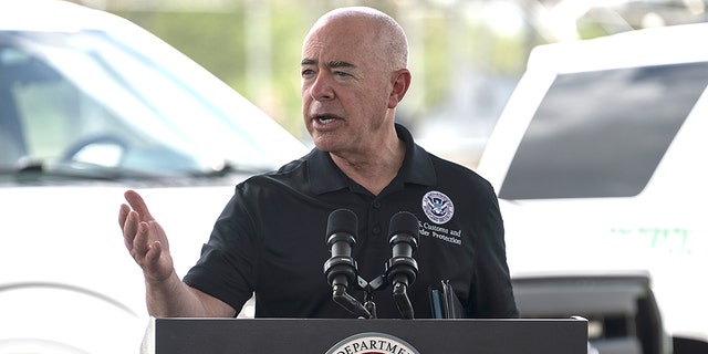 Alejandro Mayorkas, secretary of the U.S. Department of Homeland Security, speaks during a new conference in Brownsville, Texas, on Aug. 12, 2021.