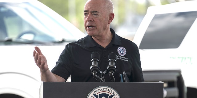 Alejandro Mayorkas, secretary of the U.S. Department of Homeland Security, speaks during a new conference in Brownsville, Texas, on Aug. 12, 2021.