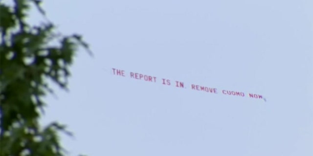 A "remove Cuomo now" banner flies above the New York governor's mansion Wednesday, Aug. 4, 2021. (Photo: Fox News)