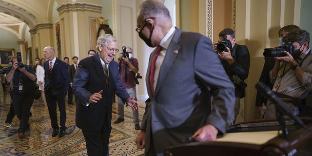 Senate Democratic Leader Chuck Schumer, of New York, and Senate Republican Leader Mitch McConnell, of Kentucky, left rear, enjoy a brief bipartisan moment when they both arrived at the same time to speak to reporters about progress on infrastructure bill, at the Capitol in Washington, Tuesday, Aug. 3, 2021. 