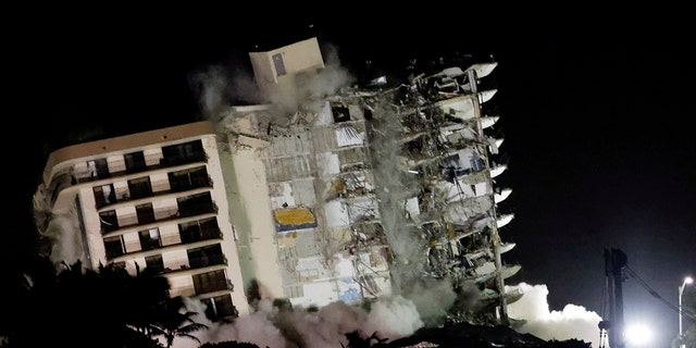 The partially collapsed Champlain Towers South residential building is demolished in Surfside, Fla., Julie 4, 2021. 