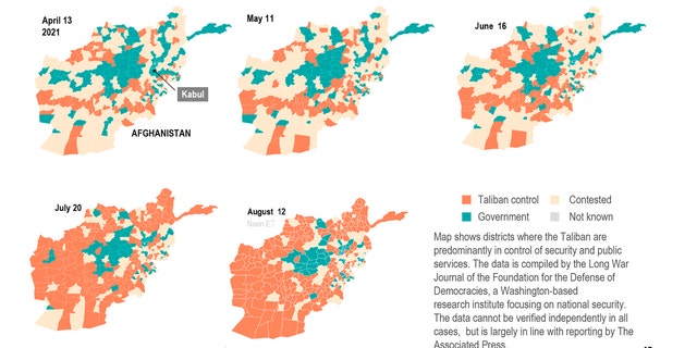 The maps show the areas controlled by the Taliban on selected dates each month.