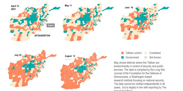 The maps show the areas controlled by the Taliban on selected dates each month.