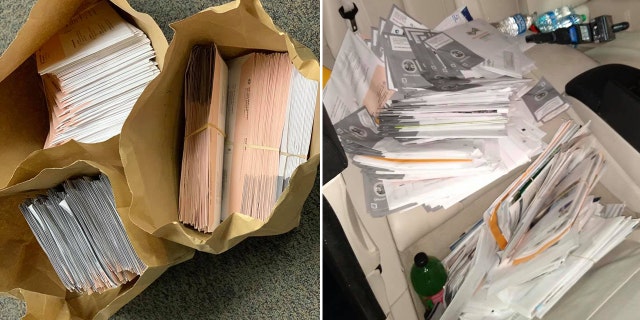 Police said over 300 recall election ballots were discovered among thousands of pieces of mail inside the felon's vehicle.