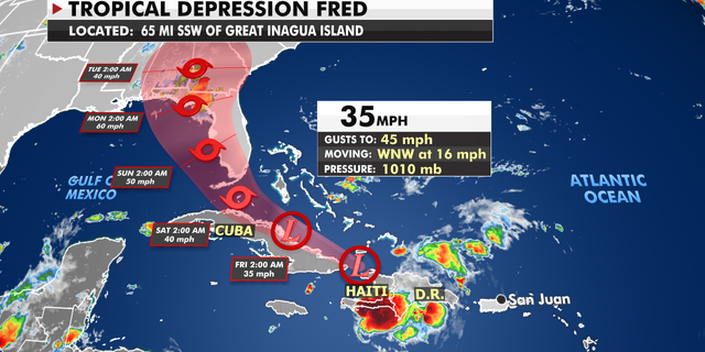 The current path of tropical depression Fred.