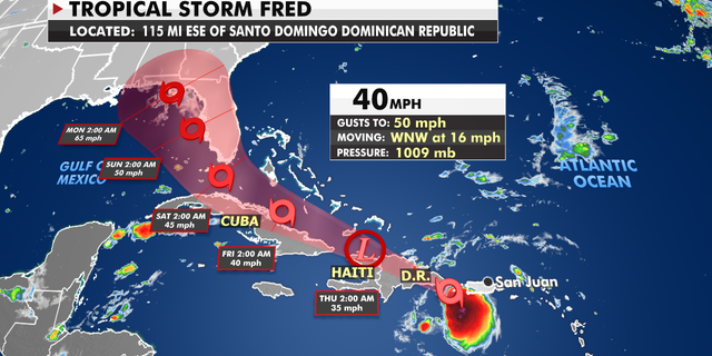 The current location of Tropical Storm Fred.