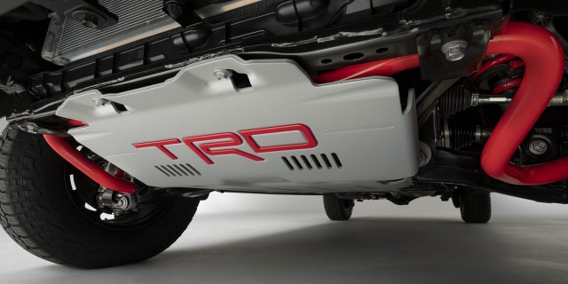 The front underbody of the TRD Pro is protected by a hefty bash plate.