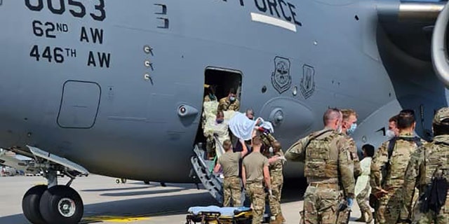Airmen from the 86th Medical Group came aboard and delivered the child in the C-17’s cargo bay after the aircraft landed at Ramstein Air Force Base in Germany on Saturday.