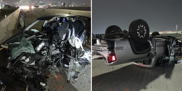 A Toyota Corolla, pictured left, was struck head-on by a Toyota pickup, pictured left, that was traveling south in the northbound lanes, authorities said.