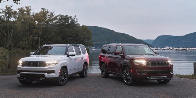 The 2022 Grand Wagoneer has its name on the grille, while the Wagoneer's is above it.