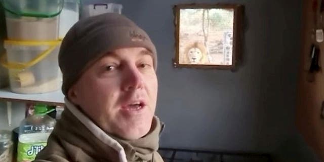 Dylan Panos, le propriétaire et instructeur principal de Bhejane Nature Training à la réserve de chasse de Somkhanda en Afrique du Sud, s'est retrouvé nez à nez avec un lion depuis la fenêtre de sa cuisine.