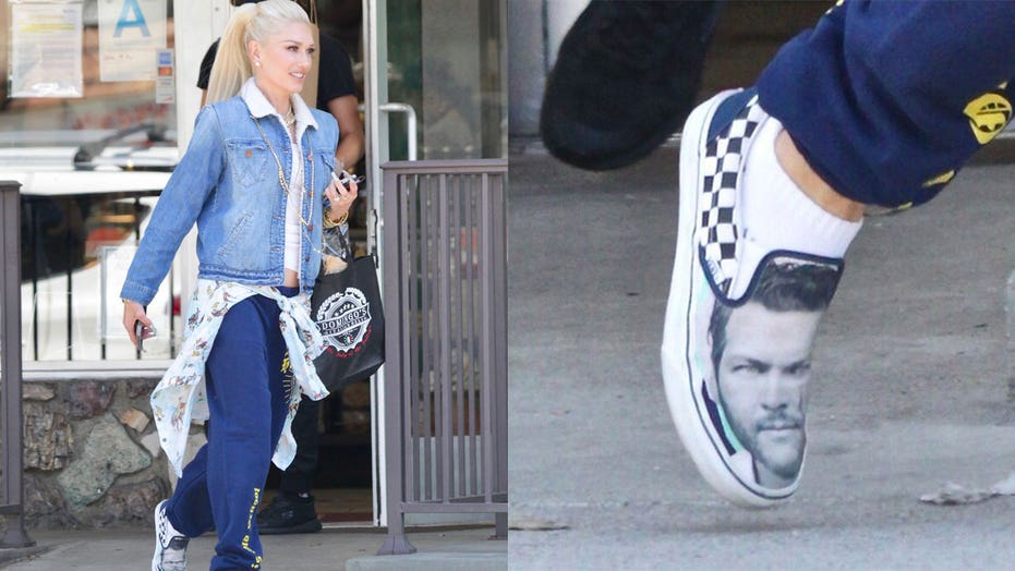 Gwen Stefani rocks shoes with Blake Shelton's face on them