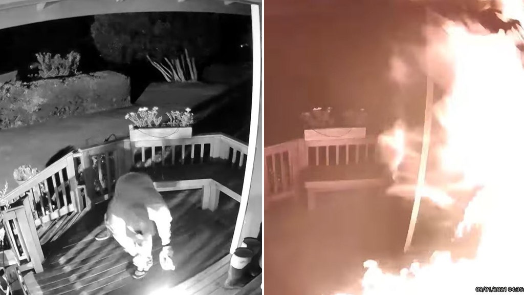 Video shows suspect douse family's porch with liquid and ignite it: police