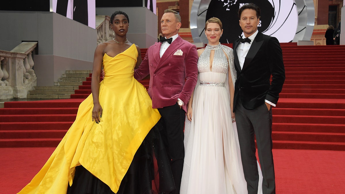 (L to R) Lashana Lynch, Daniel Craig, Lea Seydoux and director Cary Fukunaga attend the World Premiere of 'No Time To Die.'