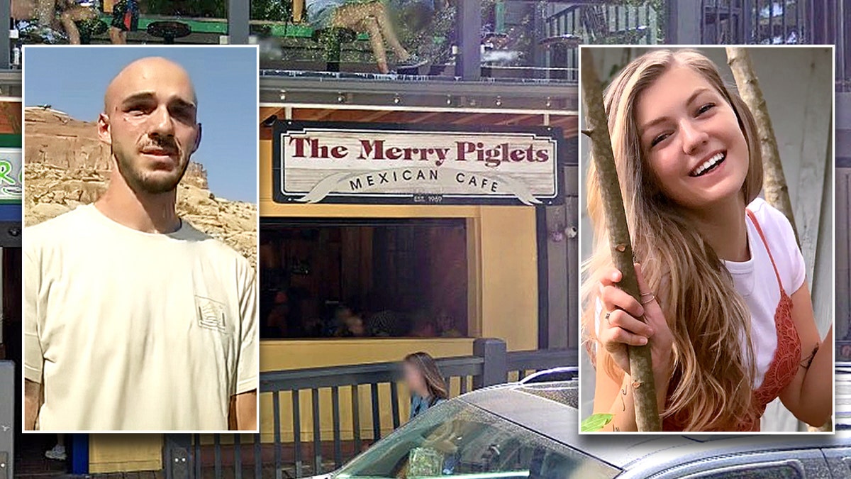 Photo Illustration of Brian Laundrie and Gabby Petito in front of The Merry Piglets Mexican Cafe, (Google, Moab police, Instagram)