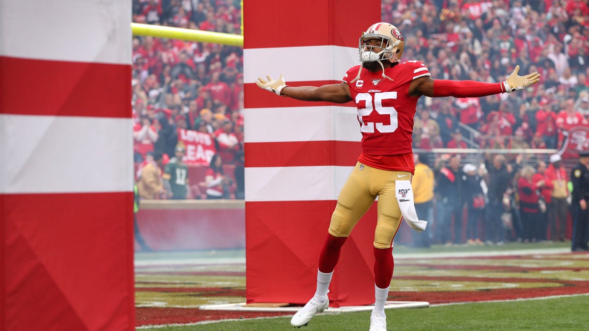 Jan 19, 2020; Santa Clara, California, USA; San Francisco 49ers cornerback Richard Sherman (25) is introduced before the start of the game against the Green Bay Packers in the NFC Championship Game at Levi's Stadium.