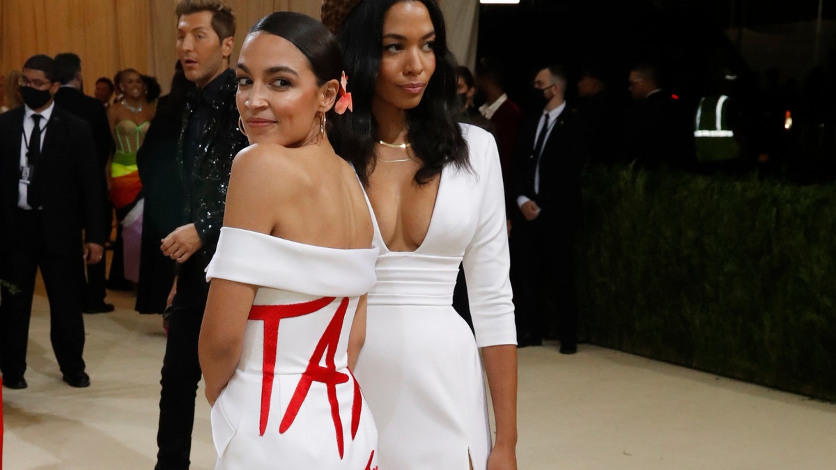 Metropolitan Museum of Art Costume Institute Gala - Met Gala - In America: A Lexicon of Fashion - Arrivals - New York City, U.S. - September 13, 2021. Rep. Alexandria Ocasio-Cortez (D-NY) wears a "Tax The Rich" dress. REUTERS/Mario Anzuoni
