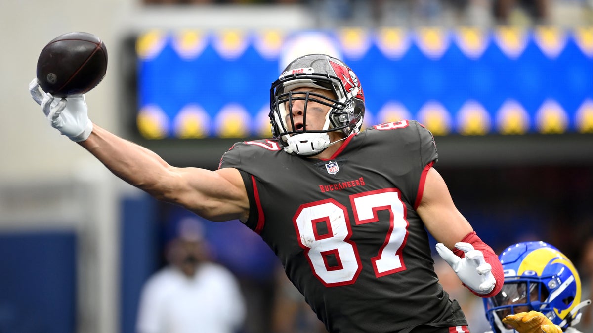Tampa Bay Buccaneers tight end Rob Gronkowski can’t hang onto a pass in the end zone in the third quarter of the game against the Los Angeles Rams at SoFi Stadium Sept. 26, 2021, in Inglewood, California.