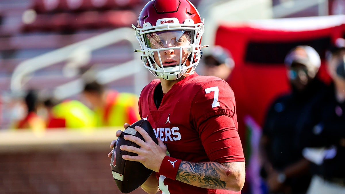 Sep 18, 2021; Norman, Oklahoma, USA; Oklahoma Sooners quarterback Spencer Rattler (7) throws before the game against the Nebraska Cornhuskers at Gaylord Family-Oklahoma Memorial Stadium.
