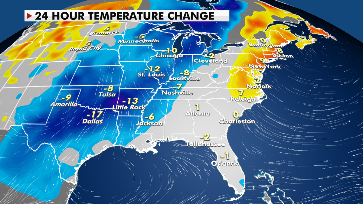 A 24-hour temperature change for the eastern U.S.