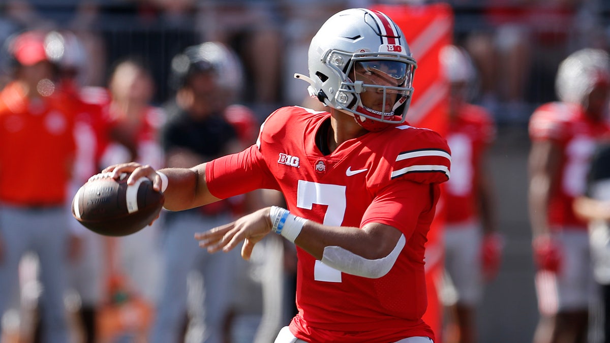 Ohio State quarterback C.J. Stroud drops back to pass against Tulsa during the first half of an NCAA college football game Saturday, Sept. 18, 2021, in Columbus, Ohio.