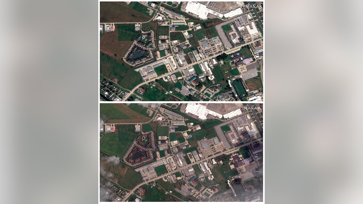 This combination of satellite images provided by Maxar Technologies shows apartment buildings in Houma, La., on Oct. 29, 2020, top, and damage to the same buildings, bottom, on Tuesday, Aug. 31, 2021, following Hurricane Ida.