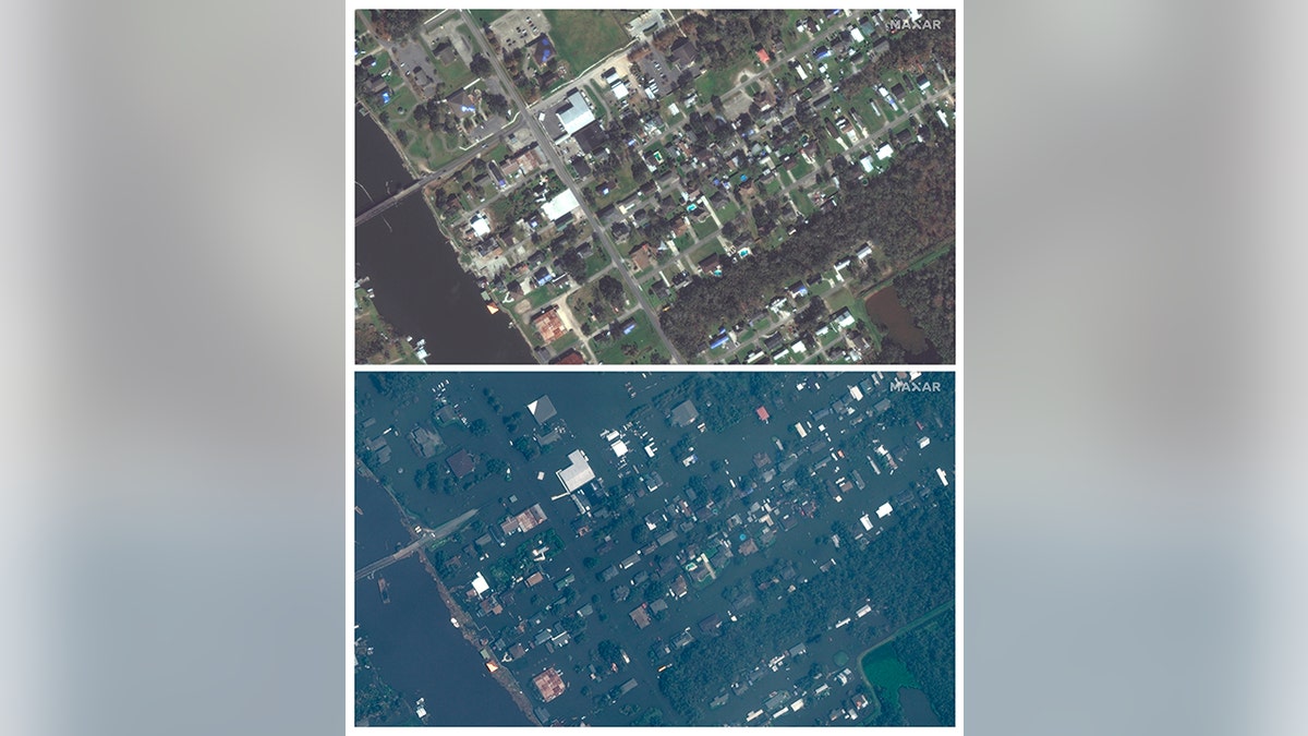 This combination of satellite images provided by Maxar Technologies shows homes in Jean Lafitte, La., on Nov. 22, 2020, top, and the same area on Tuesday, Aug. 31, 2021, bottom, after Hurricane Ida flooded the area.