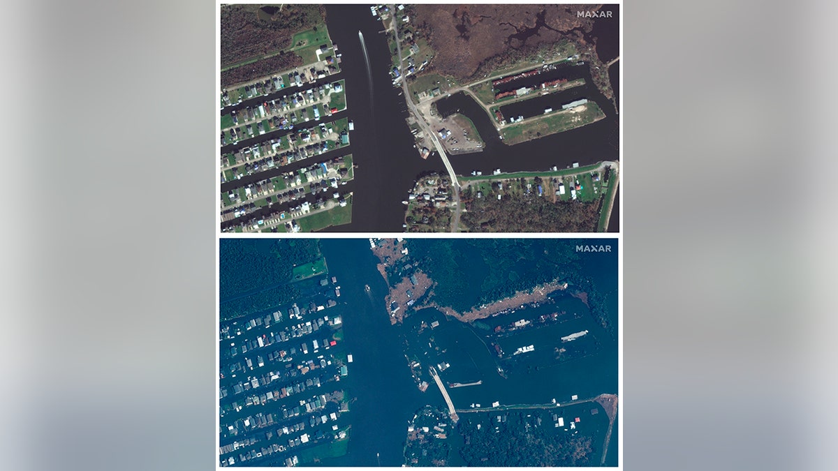 This combination of satellite images provided by Maxar Technologies shows a closer view of Barataria, La., on Nov. 22, 2020, top, and flooding and storm damage of the same area on Tuesday, Aug. 31, 2021, bottom, following Hurricane Ida.