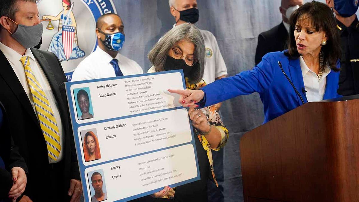 State Attorney Katherine Fernandez Rundle, right, gestures as Miami-Dade Mayor Daniella Levina Cava holds a board with details of three people arrested, Wednesday, Sept. 8, 2021, in Miami.