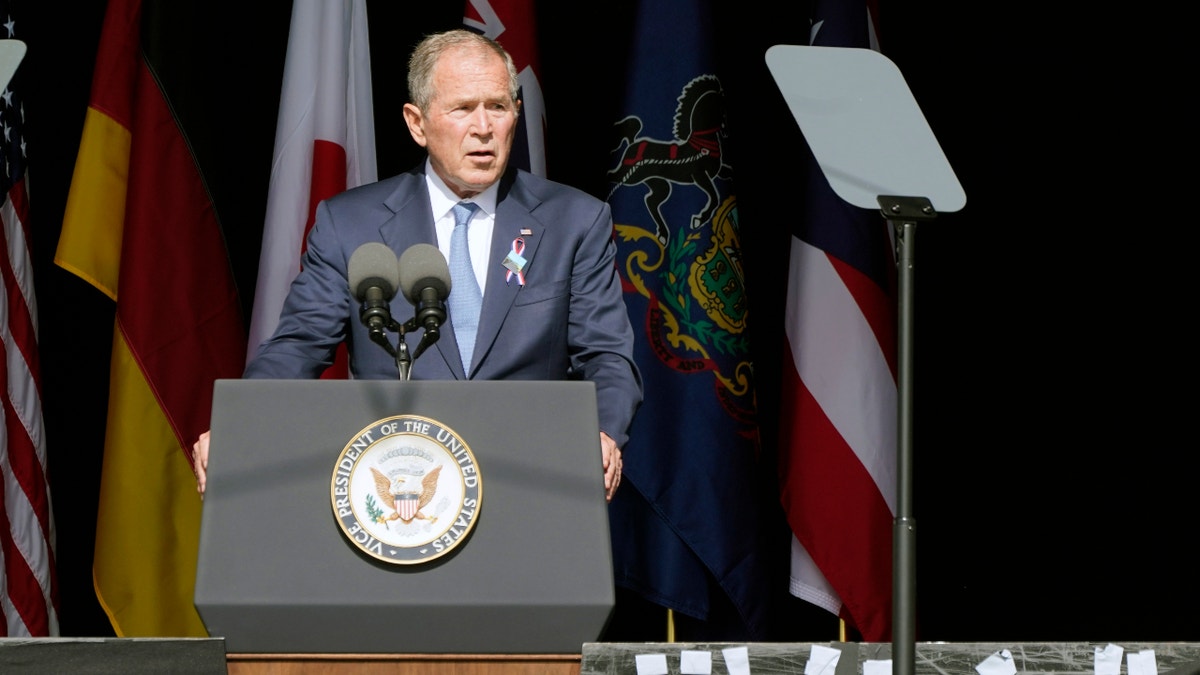 Former President George W. Bush speaks during a memorial for the passengers and crew of United Flight 93, Saturday Sept. 11, 2021, in Shanksville, Pa., on the 20th anniversary of the Sept. 11, 2001 attacks. (AP Photo/Jacquelyn Martin)